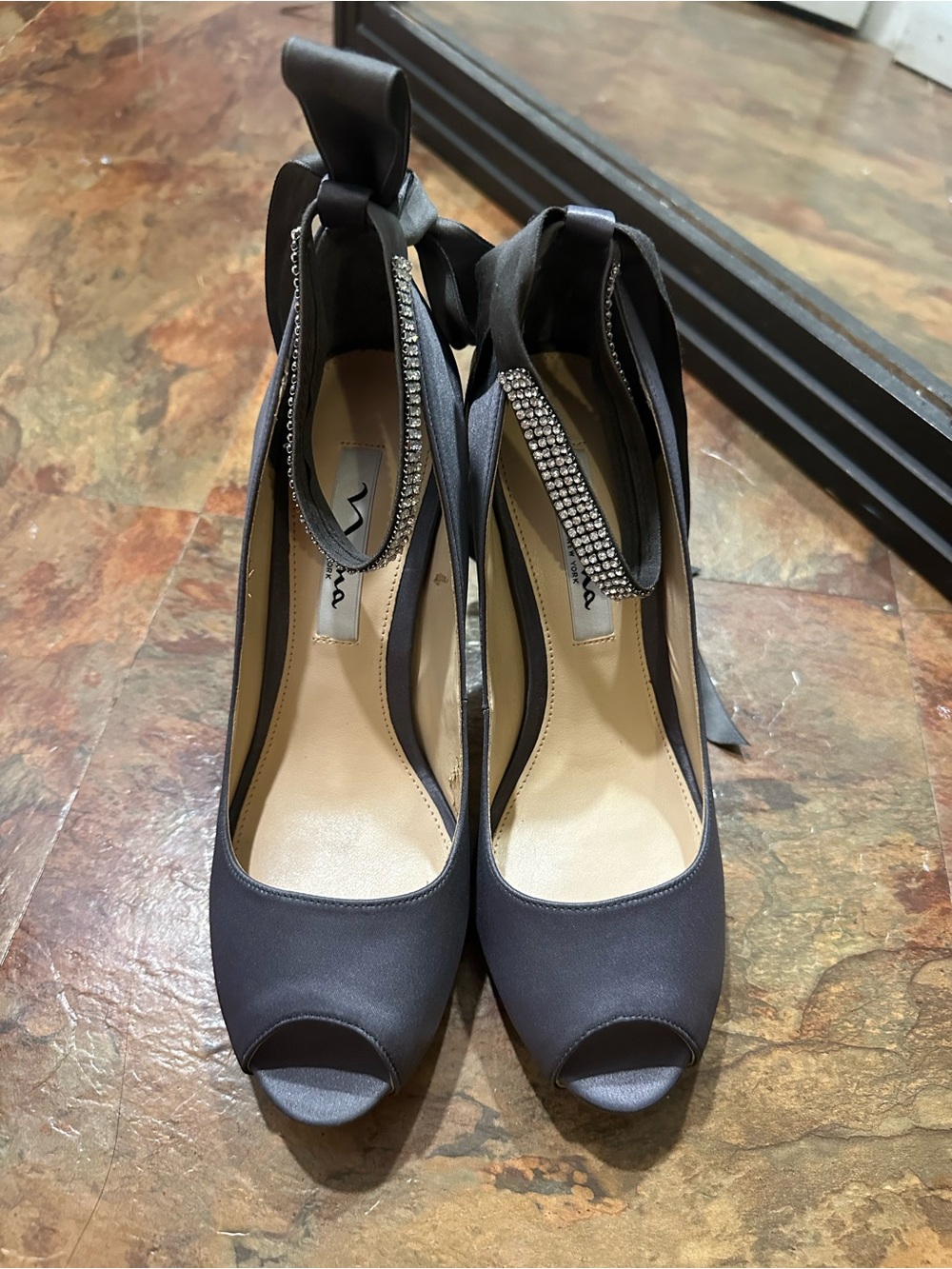 Nina Black Satin Peep-Toe Heels with Rhinestone Ankle Tie
